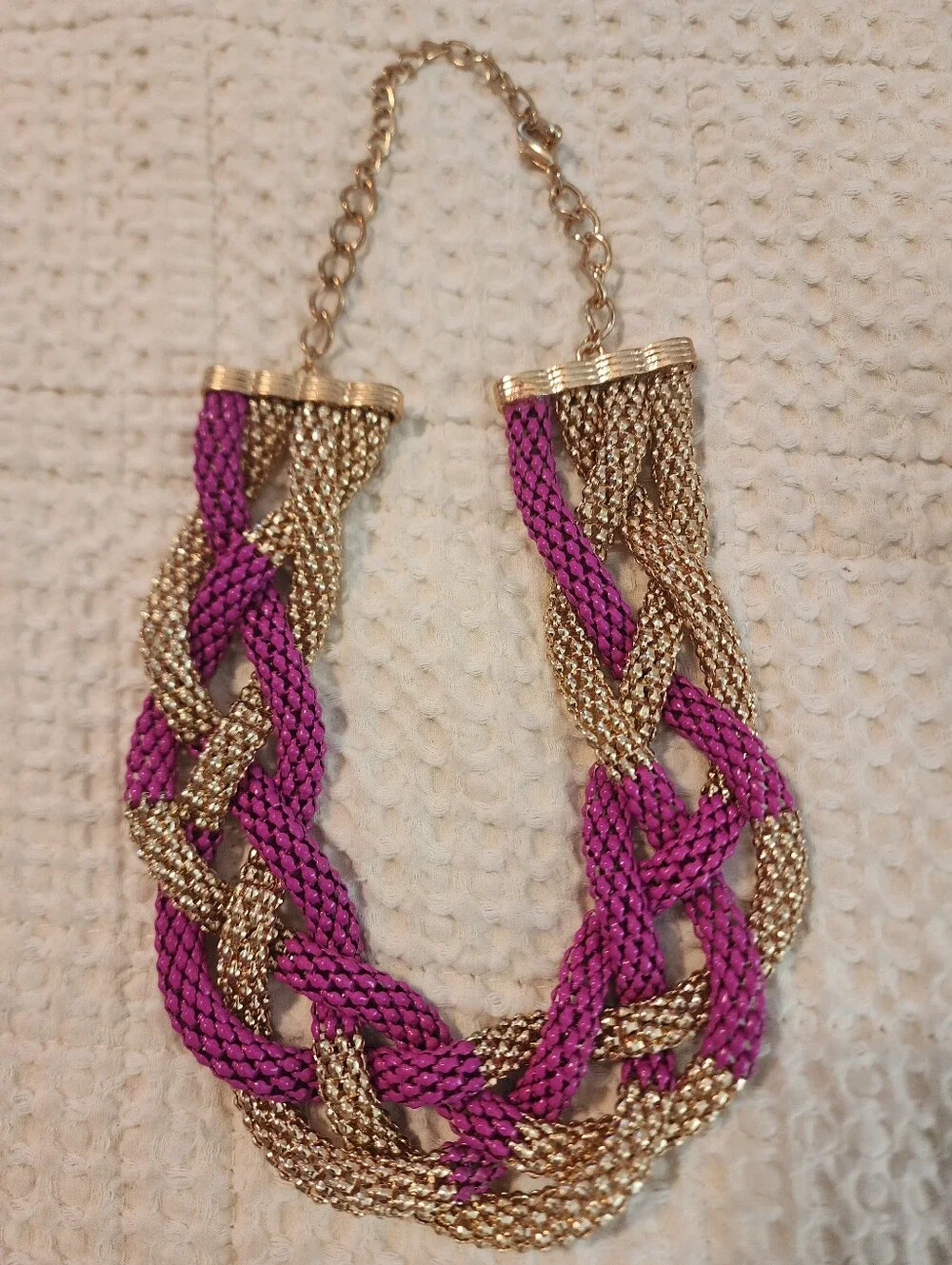 Gold and Fuchsia Braided Statement Necklace and Coil Bracelet Set